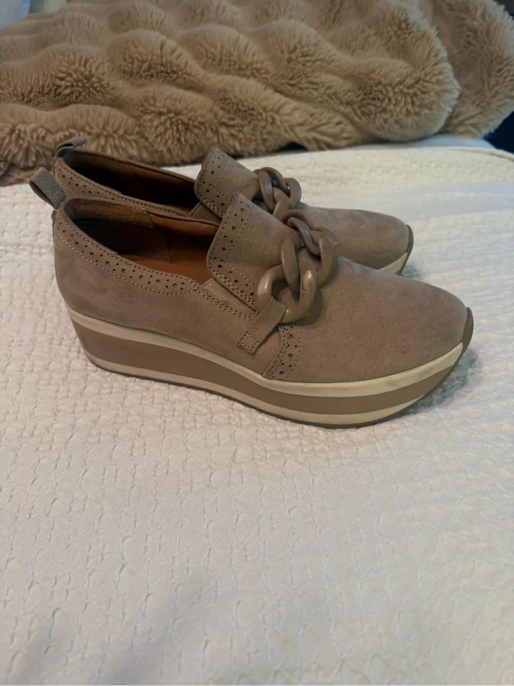 Women’s Taupe Suede Platform Slip-On Loafers with Chain Accent